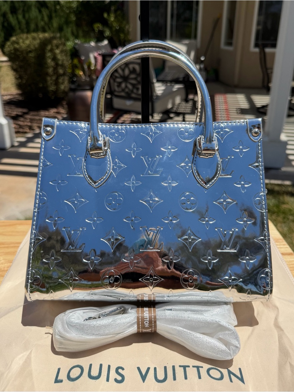 NEW LV Print PM Embossed Monogram Onthego Silver Metallic Top Handle Bag